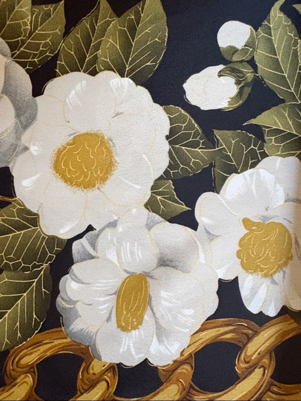 Vintage Chanel Camellia Print Silk Scarf. Black, Gold and White.